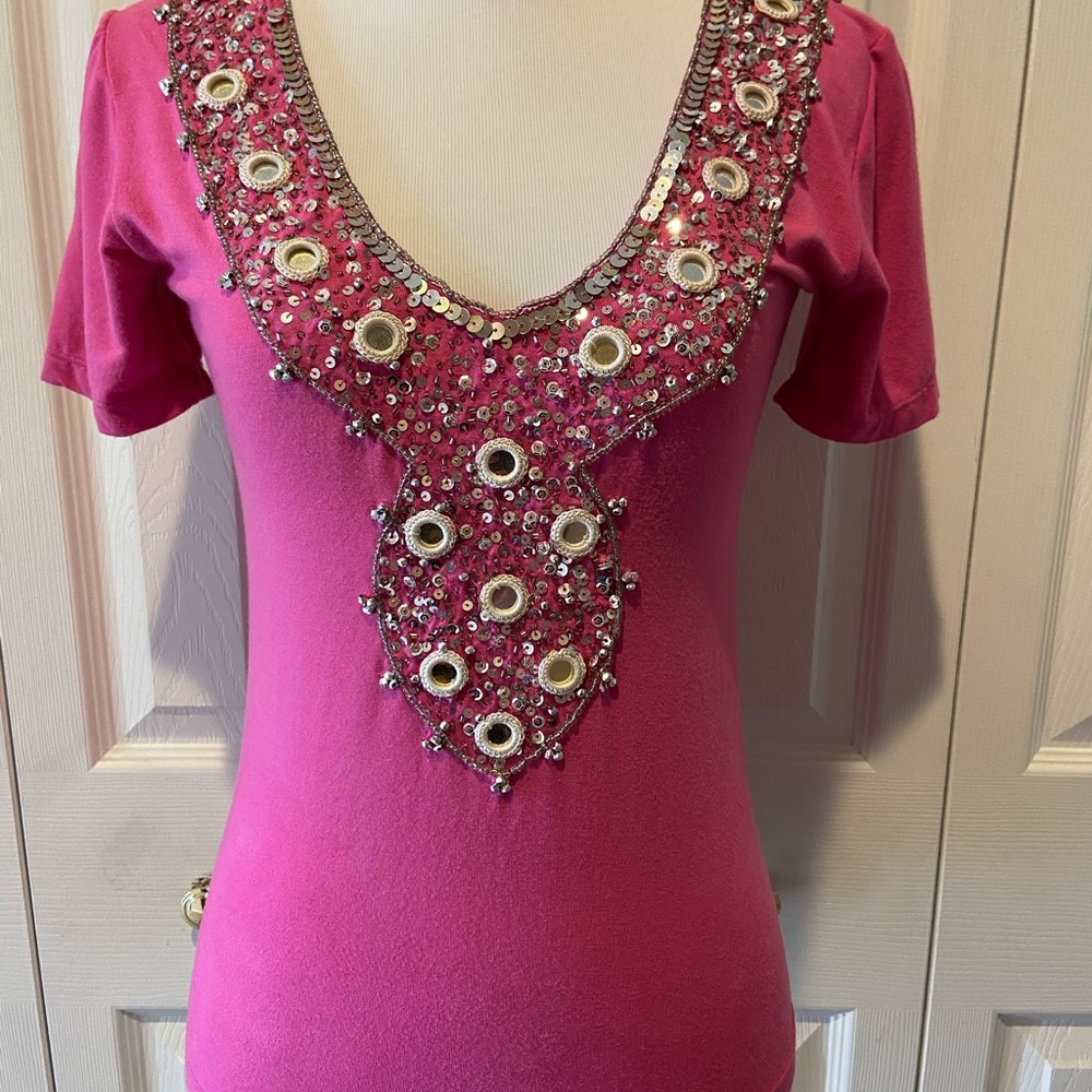 Sexy Deep V Cut Sequin Bead Embellished Tee Shirt